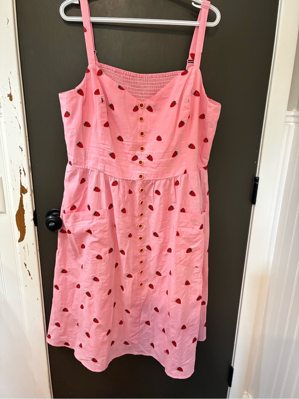 ModCloth import Collectif Pink Sundress with Red Strawberry embroidered Motif